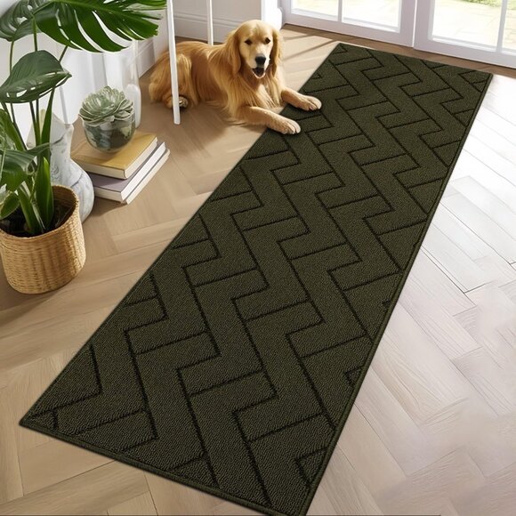 Hallway Runner Area Rug 24"x79" Non-Slip Rubberized Backing Olive Green - Picture 3 of 5